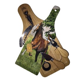 Sunshine Cases Wine & Cheese Glass Cutting Board Gift Set - Chestnut Arabian Horse Pasture Play