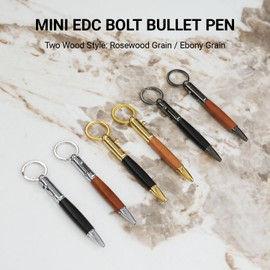 Origin-Joy Mini EDC Bolt Action Bullet Pen, Small Travel Pocket Keychain Pen, Short Compact Tactile Turn Wood Ballpoint Pen With 5 Replacement Refills (Gold Tone, Ebony Grain Style)