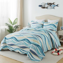 HoneiLife Ocean Quilt Queen Size - 3 Pieces Beach Quilt Sets Coastal Bedspreads Nautical Coverlets Lightweight Bed Cover, Queen Quilt Bedding Set All Season Quilts