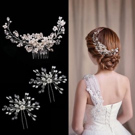 3PCS Bridal Hair Combs Pearl Rhinestone Floral Vine Design, Wedding Evening Hair Accessories for Brides & Bridesmaids