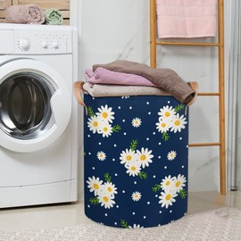 Laundry Basket Daisy Print Large Round Storage Basket Bin with Handle Clothes Basket Laundry Hamper Organizer for Nursery Home Office