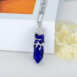 Shusukue Lapis Lazuli Healing Crystal Necklace Sterling Silver Sunflower Necklace Wire Wrapped Natural Crystal Point Pendant Hexagon Reiki Energy Stone Jewelry for Women Men