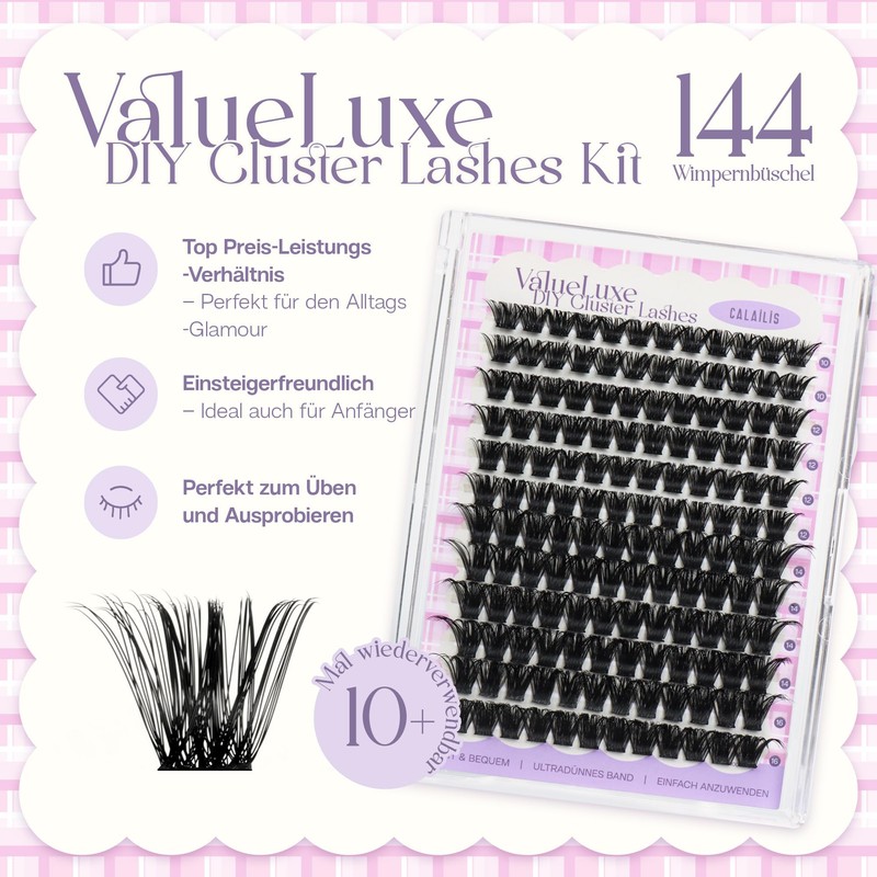 CALAILIS Eyelash Extensions, 144 Pieces, D Curl, DIY Individual Eyelashes,