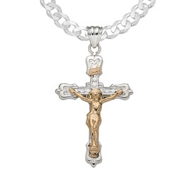 US Jewels Men's 925 Sterling Silver with 14K Accent Of Jesus 41mm Crucifix Cross Pendant 3.7mm Curb Chain Necklace, 18in
