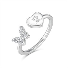 GLISHIVER Silver Ring for Women & Teen Girls, Adjustable Butterfly Initial Ring, 14k White Plated, R
