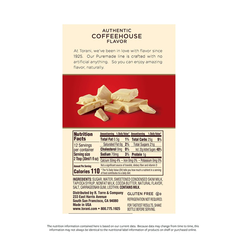 Torani Puremade Sauce, White Chocolate, 16.5 Ounces (Pack of 4)