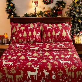 BYSURE Reindeer&Christmas Tree Printed Sheets 6 Pieces Set (King Size,Christmas Tree), Microfiber 15 inch Deep Pocket Bedding, Christmas Decoration Indoor