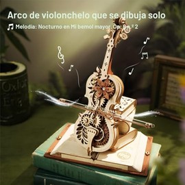ROKR Rompecabezas 3D para adultos, a escala 1:5, kit de modelo de violonchelo con base, 199 piezas, caja de música de madera, kit de construcción, reg