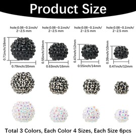 PONABEADIY 1 Box 72Pcs 12 Styles Rhinestone Round Resin Beads Black White Chunky Bubblegum Disco Ball Shiny Opaque Assorted Resin Spacer Bead for Jewellery Making Bracelets Necklaces DIY Craft Supply