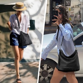 befen Genuine Leather Hobo Crossbody Bag for Women, Large Black Leather Purses, Women's Shoulder Handbags with 2 Removable Strap, Durable Slouchy Bucket Purse With Zipper Pocket for Everyday & Travel