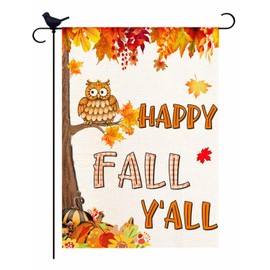 HHERCICIM Happy Fall Y'all Pumpkin Maple Leaves Fall Garden Flag,Cute Owl Autumn Harvest Thanksgiving Small Garden Flags for Holiday Burlap Outdoor Decor Double Sided 12.5x18 Inch