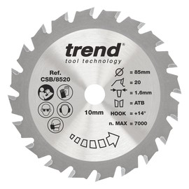 Trend CSB/8520 Wood Circular Saw Blade, 85 mm Diameter, 10 mm Bore, 20 Teeth, HW, 1.6 mm Cutting Width, +14° Hook