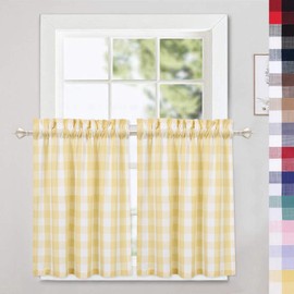 CAROMIO Buffalo Plaid Gingham Pattern Rod Pocket Short Window Curtains for Kitchen Cafe Curtains Bathroom Window Curtains 30 Inches Long, Yellow/White