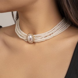 YERTTER Multi-layered Pearl Choker Necklace Crystal Pendant Charm Chain Collar Choker Boho Pearl Chain for Women (Gold)