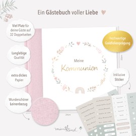 mintkind® Guest Book Communion Pink - Communion Book to Fill in, 72 Pages to Design Yourself, High-Quality Linen Cover - Communion Gift & Stylish Communion Decoration