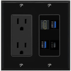 Wall Plate City HD 2 USB-3 USBC Port Wall Plate Black w Power Outlet