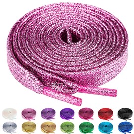 Olukssck 2 Pairs Flat Glitter Shiny Metallic Shoe Laces for Sneakers, 2/5" Wide Sequin Athletic Shoelaces Pink 55 inch(140cm)