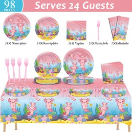chiazllta 24 Guests Pink Cartoon Axolotl Party Supplies Reptile Animals Party Tableware Set Girl Axolotl Party Decor Favors Party Disposable Plates Napkin Tablecloths for Axolotl Birthday 98 pcs