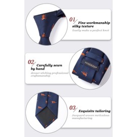 HISDERN Navy Blue Mens Ties Fox Ties for Men Animal Necktie and Pocket Square Set Jacquard Woven Silk Christmas Neckties Handkerchief