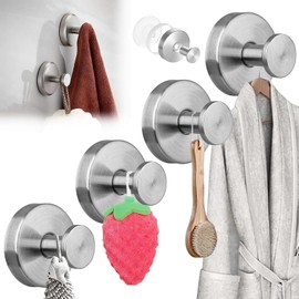 ZENSUKYE 4PCS Ganchos para Pared con Ventosa, Ganchos para Pared de Acero inoxidable, Gancho Ventosa Baño para Toallas sin Taladro, Toalleros de Gancho para Baño Cocina Adecuado (Silver)