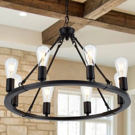 lighceac Black Farmhouse Wagon Wheel Chandelier 8-Light 23.6'' Vintage Industrial Round Hanging Ceiling Pendant Light Fixture for Kitchen Island Living Dining Room Bedroom Hallway Entryway Foyer