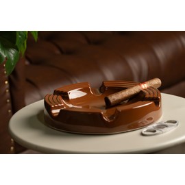 House of Ash Cigar Ashtray for Men, Vintage Accessories for Bar, Home, or Office, Large Indoor and Outdoor Tray, Heavy-Duty Decorative Brown Ceramic, Round