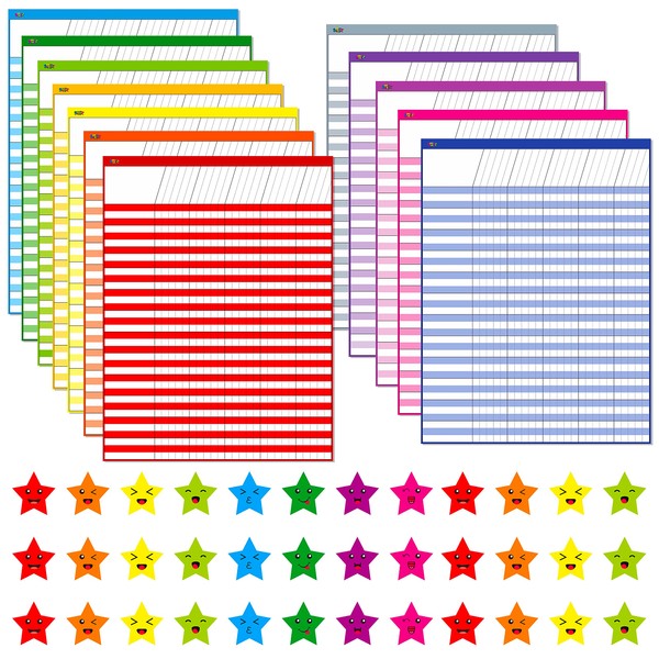 12 Pack Multi-Color Dry Erase Incentive Chart/Chore/Responsibility/School Attendance/Homework Progress Tracking Chart with 2112 Reward Star Stickers, (17" x 22.5")
