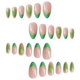 Almond Press on Nails Medium Fake Nails Green French Tip False Nails with Gold Design Starburst Glossy Glue on Nails Acrylic Artificial Full Cover Stick on Nails for Women 24 Pcs