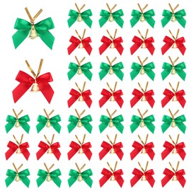 36 Pieces Christmas Bow with Bells Mini Xmas Wreaths Bows Red Green Christmas Ribbon Bows Mini Bowknot Ornaments Wrapping Craft Supplies Bowknot Decoration for Xmas Tree Christmas New Year Gift