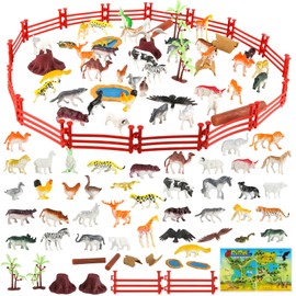 67 Pcs Plastic Animals Toys for Kids, Animal Toys Set, 3-8cm Animal Figures Toys, Farm Zoo Jungle Animals Toys Includes Fencing, Wood, Stumps, Coconut Trees, Pools, Maps for Boys Girls