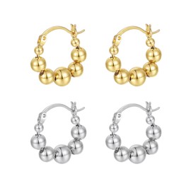 KOMI Women's Ball Beads Hoop Earrings Circular Gold Bead Earrings 18K Gold Plated 2 Pairs Gold and Silver Earring Set Simple Gifts for Best Friends and Girlfriend