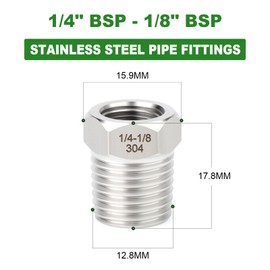 TAISHER 10 Pcs 304 Stainless Steel Reducer Hex Bushing, 1/4" BSP Male x 1/8" BSP Female, Reducing Pipe Adapter Fitting, for Water Oill Air Gas