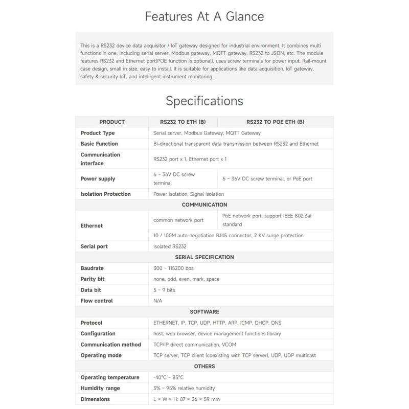 Waveshare Industrial Serial Server, RS232 to RJ45 Ethernet, TCP/IP to