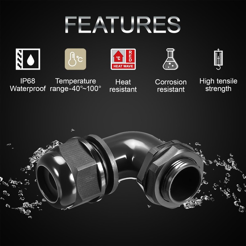LeMotech M16 Cable Gland, 90 Degree Adjustable 6-10mm Strain Relief,
