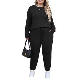 Nemidor Womens Plus Size 2 Piece Fall Matching Lounge Sets Tracksuits Casual Ribbed Knit Long Sleeve Outfits with Pocket(575,4X,Black)