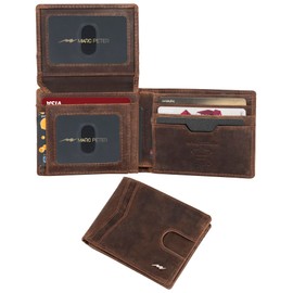 Marc Peter Wallet for Men Slim Bifold RFID Blocking with 2 ID Window up to 14 cards Minimalist Front Pocket Full Grain Leather Wallet and Gift Box Crazy Horse Brown