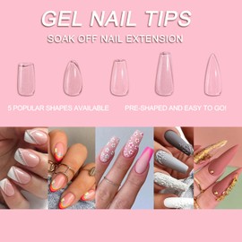 gootrades Soft Gel Full Cover Nail Tips Kit,600PCS Clear Natural Coffin Long Gel Nail Tips Pre-shaped SoakOff for Press On Nail Extension DIY Manicure,12 Sizes - Coffin Long