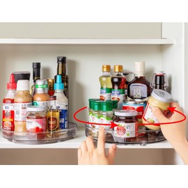 Famhap Turntable Fridge Organiser 22 + 23 cm, 360° Rotating Kitchen Spice Organiser, Plastic Rotating Plate for Spice Pantry Cabinet Bathroom Chest of Drawers, Transparent