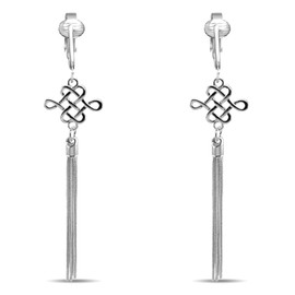 Silver Clip On Earrings For Women, They Look Pierced, Don't Pinch & Won't Fall Off, Hypoallergenic & Lightweight (Silver Celtic Knot Chain Tassel)