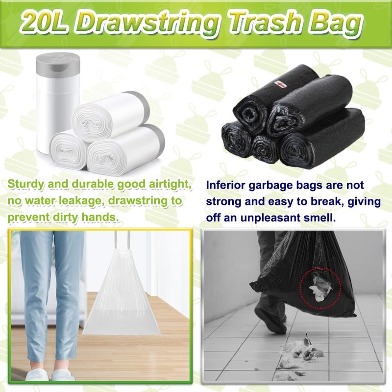 Bin Bags 20L with Drawstring Tie Handle,AOSULI White Bin Liners/Strong