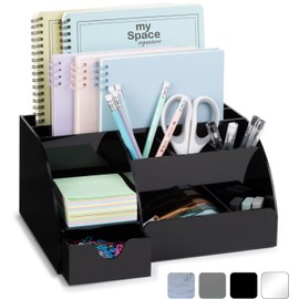 Acrylic Office Desk Organizer with Drawer, Black 9 Compartments, All in One Office Supplies and Cool Desk Accessories Organizer, Enhance Your Office Decor with This Desktop Organizer (Black)