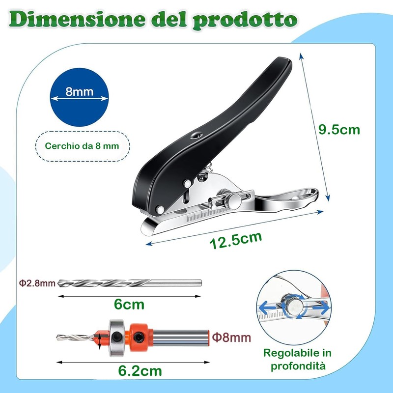 KEWAYO 8mm Single Hole Punch with Adjustable Scale for ID