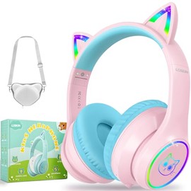 LOBKIN - Auriculares Bluetooth para niños, inalámbricos con micrófono de 50 Horas, Luces LED Coloridas, Cable AUX de 94 dB, Volumen Seguro, diseño Plegable Limitado, para niños, niñas, Viajes,