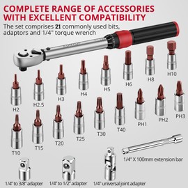 XUNTOP 22Pcs Torque Wrench Set 1/4 Inch Torque Wrench with 3.69–18.44 Ft-LB Range 72 Tooth Drive Rachet Torque Wrench with Hex/Phillips/Torx Bits for Bike Motorcycle Car Tire Auto Repair