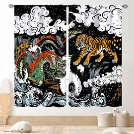 Japanese Curtains, Traditional Asian Style Chinese Dragon Tiger Fight Anime Mythology Aesthetic Black Window Drapery Treatments for Bedroom Living Room Bathroom, 42"x45" Inch