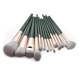 Healeved 14pcs Makeup Brush Kit with Wooden Handles Professional Cosmetics Brushes for Face and Eyes Durable Fine Fibers for Daily and Professional Use Blackish Green
