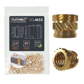 ruthex M5 Threaded Inserts Short - 50 Pieces RX-M5Sx5.8 Brass Heat Set Insert for Plastic Parts - Metric knurled Nuts - Insert by Heat into 3D Printing Components