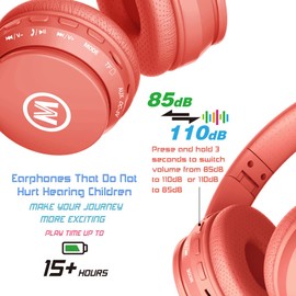 Mokata Kids Headphones Bluetooth 5.3 60H Play Time Wireless Kids Volume Limited 85 /110dB Over Ear Foldable Protection Headset with Mic AUX 3.5mm for Boys Girls Child School Pad Tablet Coral
