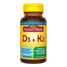 Nature Made Vitamina D3 + K2 30 Cápsulas Blandas Sin sabor para Adultos ayuda al fortalecimiento de huesos, dientes, músculos y apoyo a la salud inmune, suministro para 30 días.