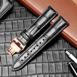 MUENShop Watch Strap with Folding Clasp Leather Quick Release Genuine Leather Strap for 18 mm - 24 mm Black Brown Blue Green Calfskin Replacement for Men / Women, Black rose gold, Classic